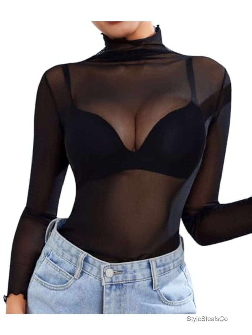 Women Mesh Top Sheer Long Sleeve Turtleneck Ruched Slim Fit Blouse